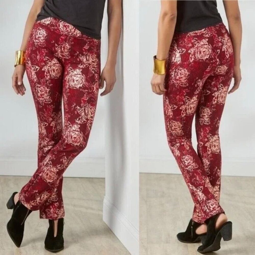 NWT Soft Surroundings Pull On Stretch Pants Burgundy Floral Print Size S